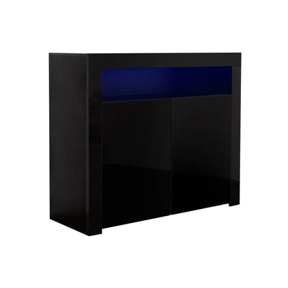 Living Room Sideboard Storage Cabinet Black High Gloss with LED Light, Modern Kitchen Unit Cupboard Buffet Wooden Storage Display Cabinet TV Stand with 2 Doors for Hallway Dining Room