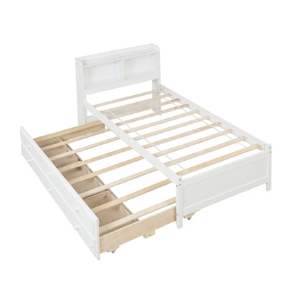 Twin Bed with Bookcase,Twin Trundle,Drawers,White