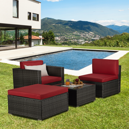 Outdoor Garden Patio Furniture 4-Piece Gray PE Rattan Wicker Sectional Red Cushioned Sofa Sets with 1 Beige Pillow