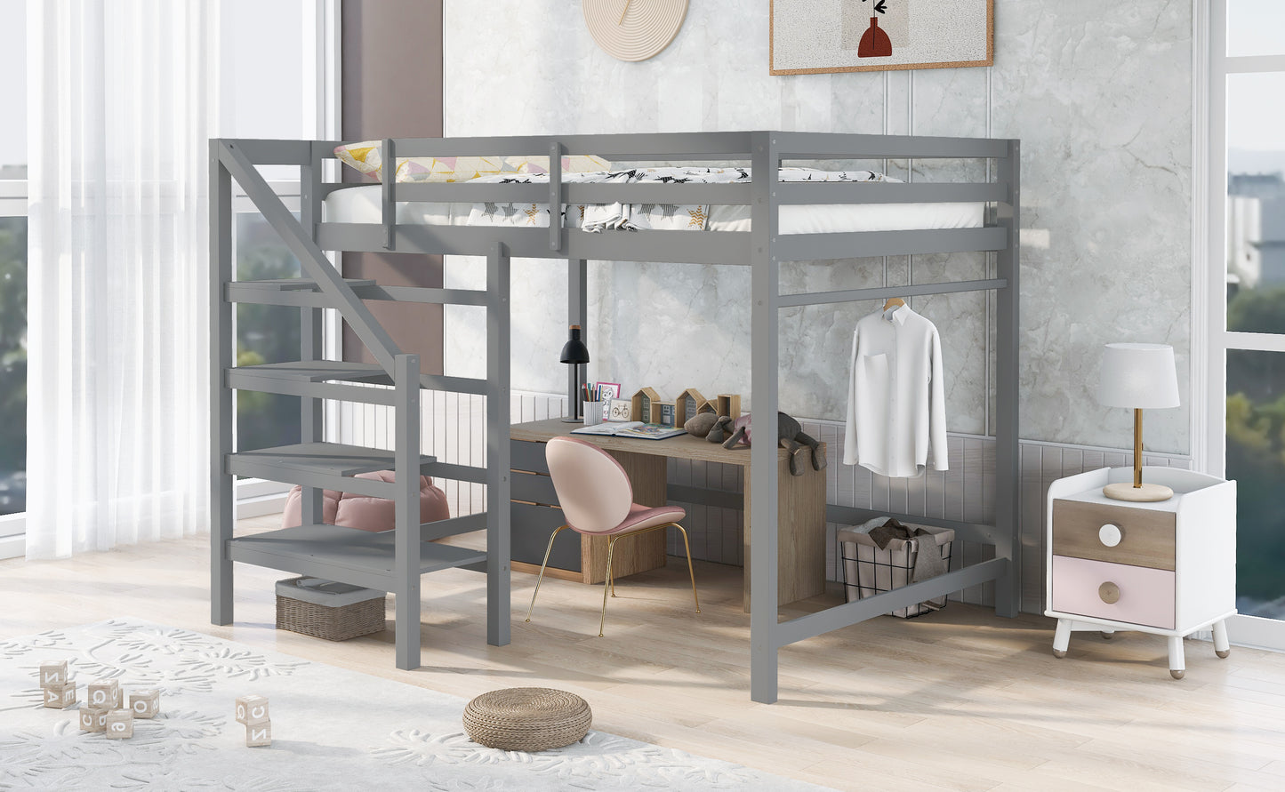 Full Size Loft Bed with Built-in Storage Staircase and Hanger for Clothes,Gray