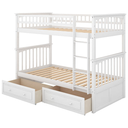 Twin over Twin Bunk Bed with Drawers, Convertible Beds, White