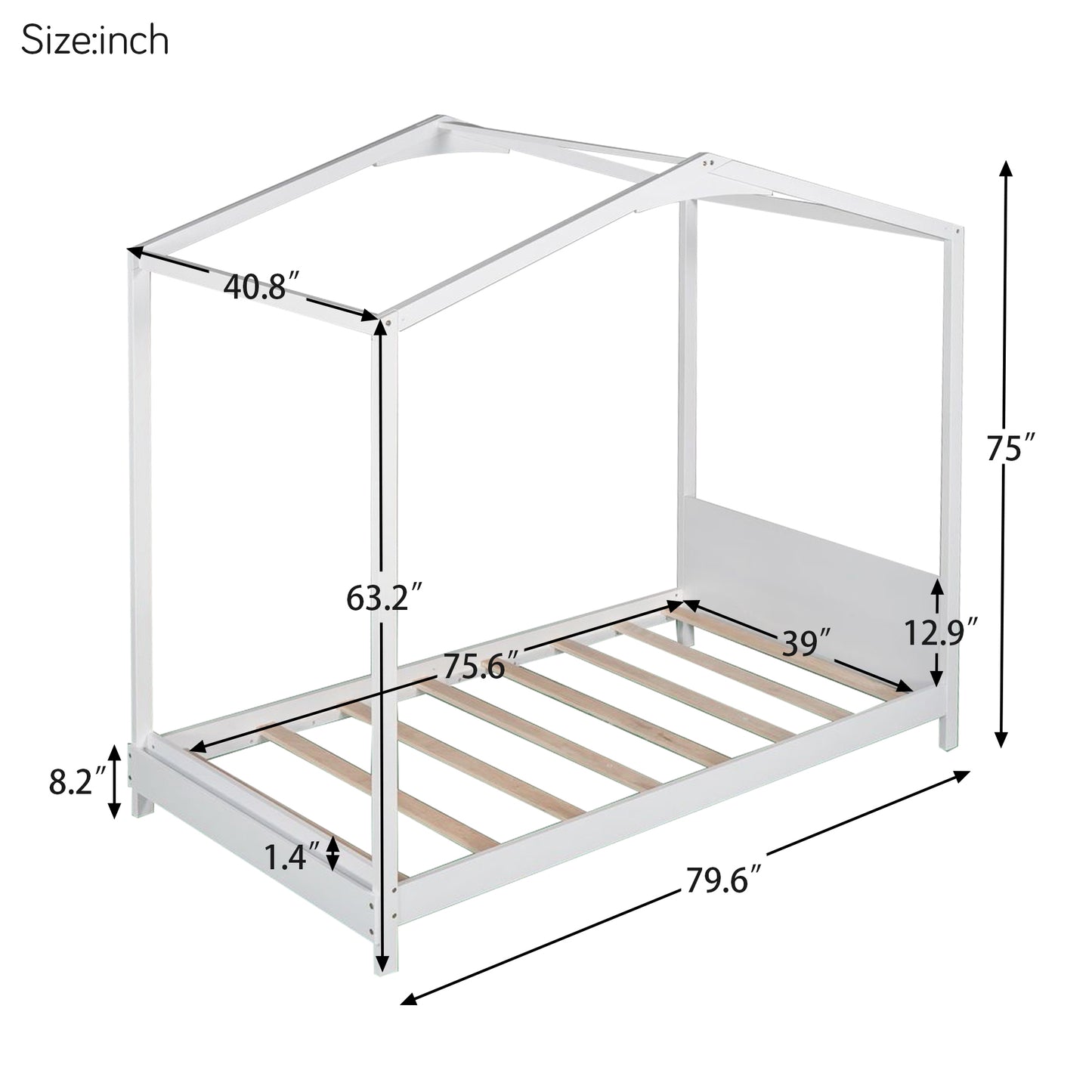 Twin Size House Platform Bed with Headboard,White