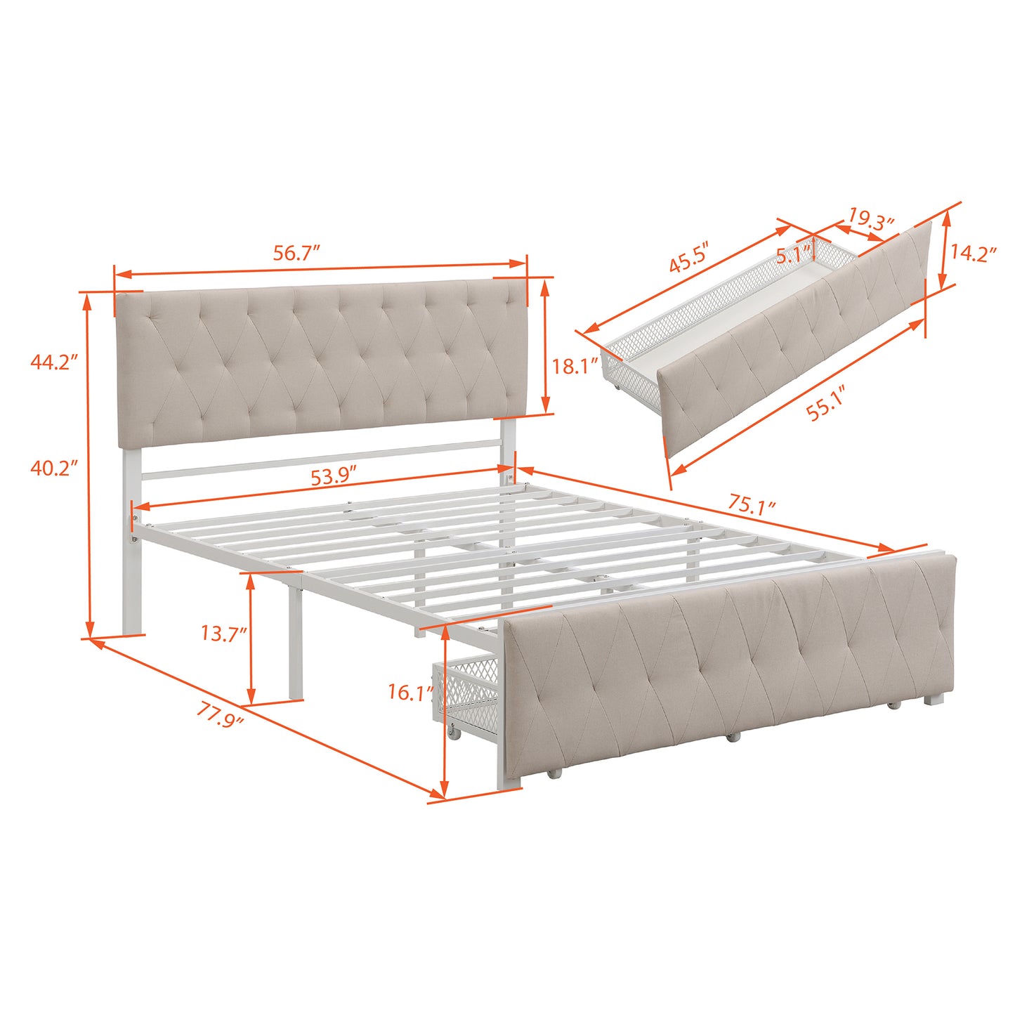 Full Size Storage Bed Metal Platform Bed with a Big Drawer - Beige