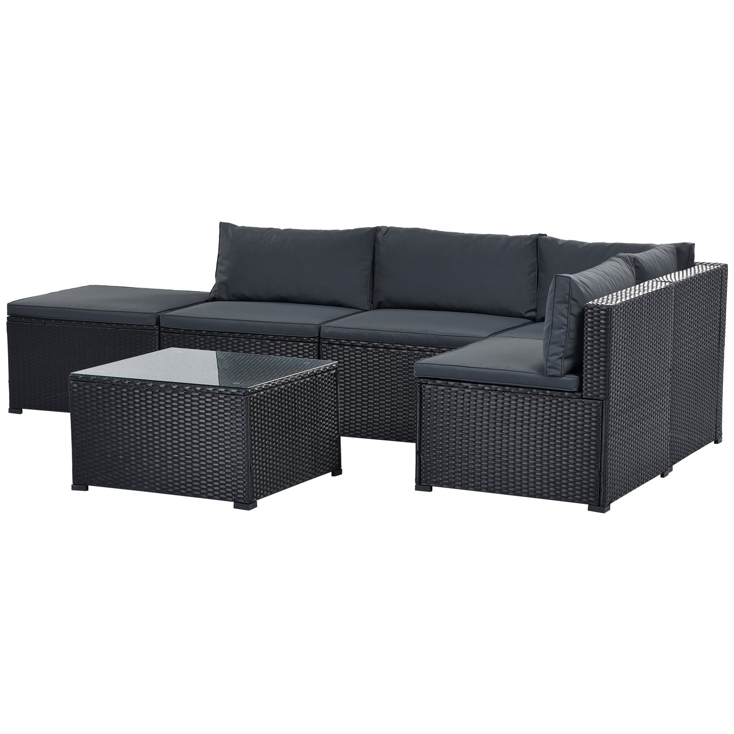 GO 6-Piece Outdoor Furniture Set with PE Rattan Wicker, Patio Garden Sectional Sofa Chair, removable cushions (Black wicker, Grey cushion)