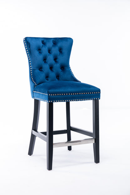 Set of 2 Upholstered Blue Velvet Bar stool with Solid Wood Legs