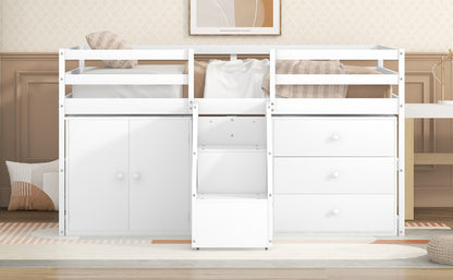 Full Size Functional Loft Bed with Cabinets and Drawers, Hanging Clothes at the back of the Staircase, White