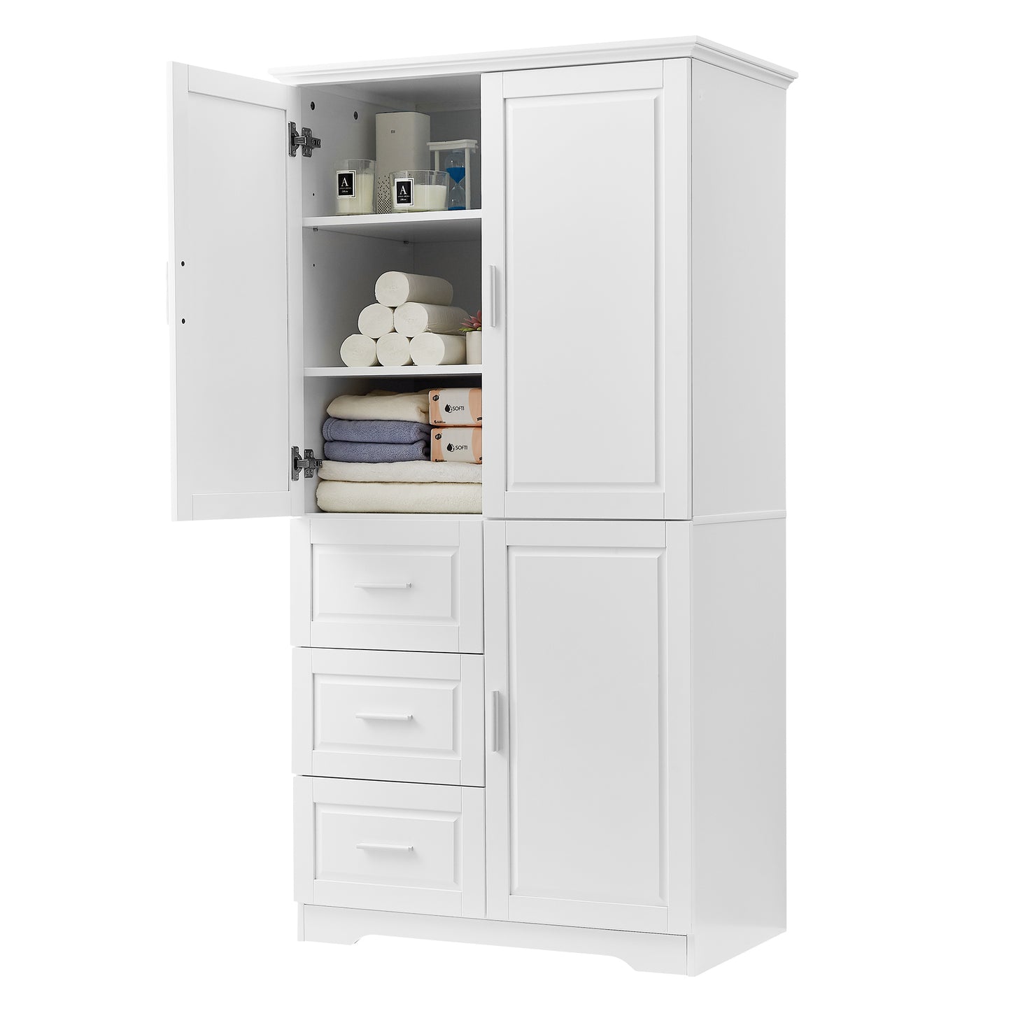 Tall and Wide Storage Cabinet with Doors for Bathroom/Office, Three Drawers, White