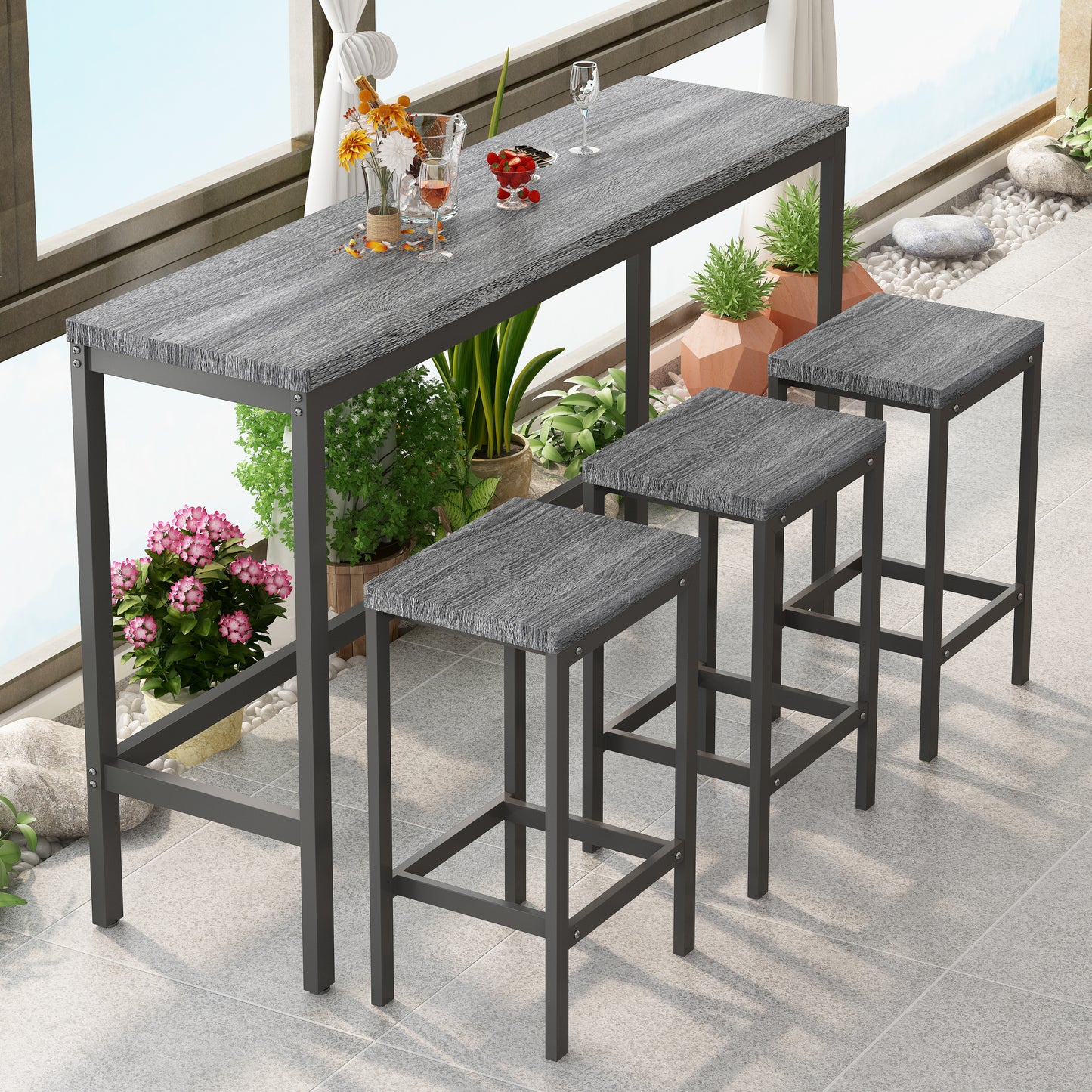 Modern Design Kitchen Dining Table，Pub Table，Long Dining Table Set with 3 Stools，Easy Assembly，Gray