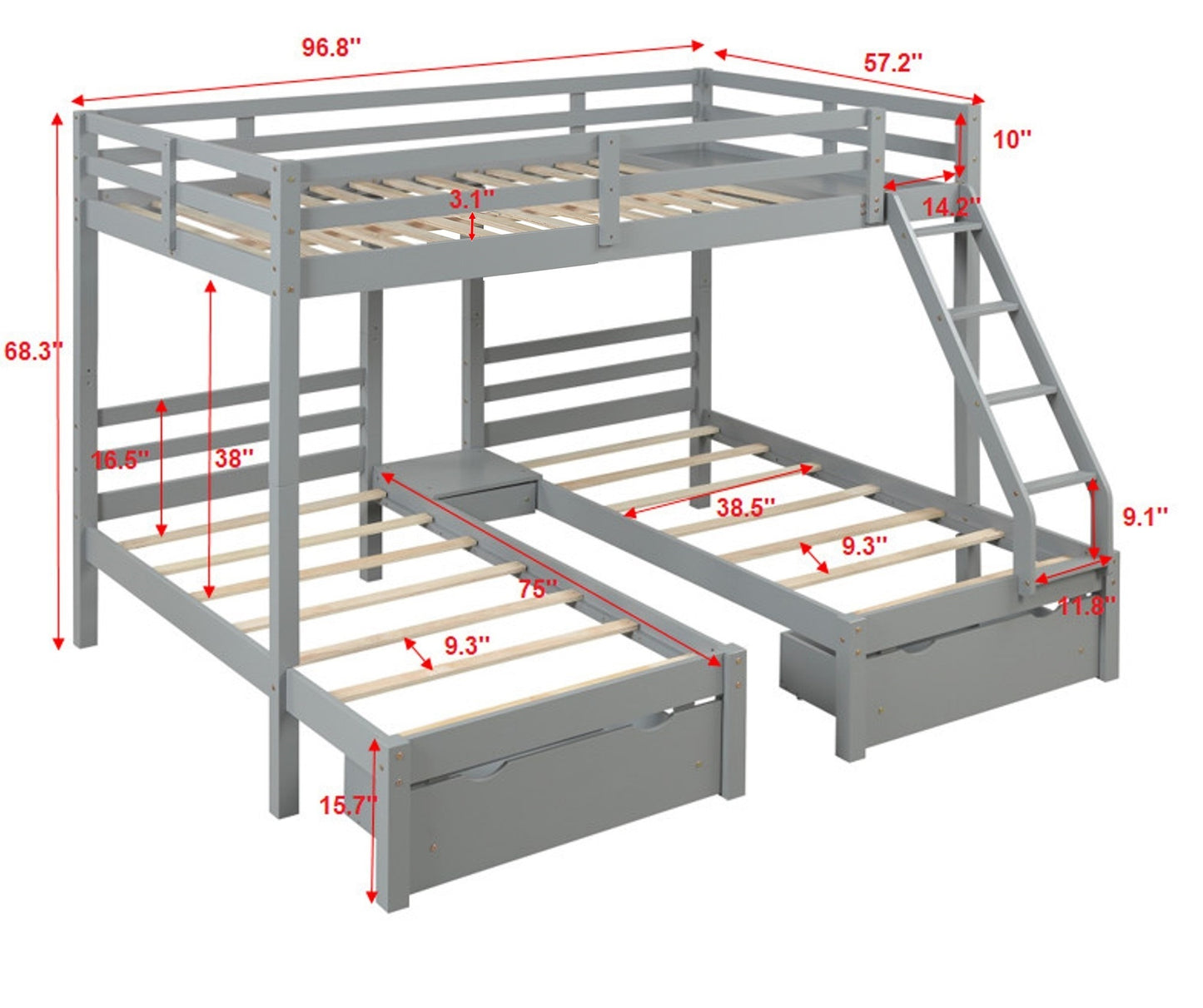 Solid Wood Full over  Twin & Twin Bunk Bed with 3 Storage Drawers, Grey (96.8”x79”x68.3”)