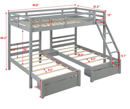 Solid Wood Full over  Twin & Twin Bunk Bed with 3 Storage Drawers, Grey (96.8”x79”x68.3”)