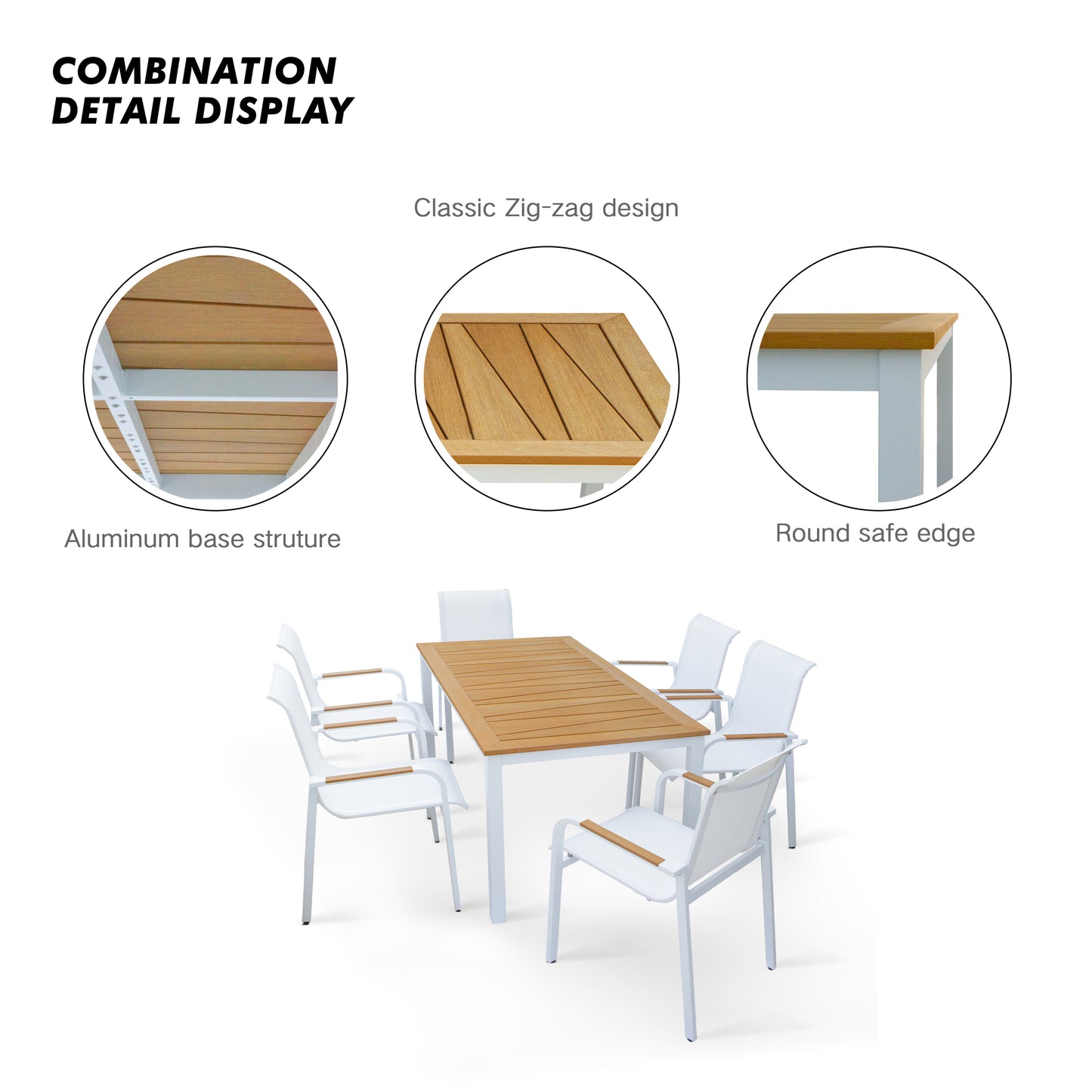 Carmel Outdoor Dining Set, Luxury Faux Wood Tabletop & Arm-rest Commercial Grade Powder-Coasted Aluminum Base, 7 Pieces Outdoor Dining Set