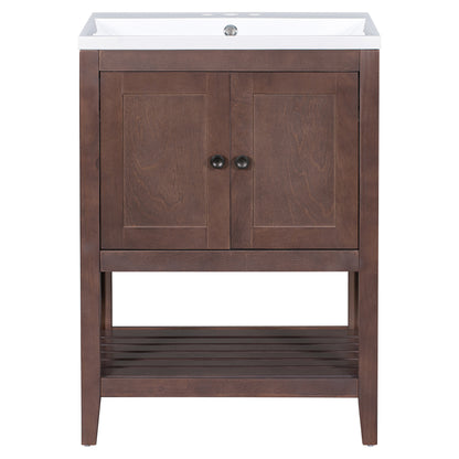 [VIDEO] 24" Brown Modern Sleek Bathroom Vanity Elegant Ceramic Sink with Solid Wood Frame Open Style Shelf