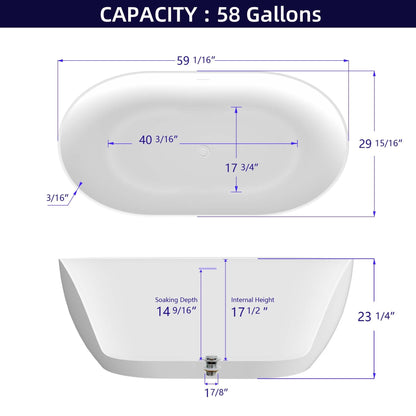 59" Acrylic Free Standing Tub - Classic Oval Shape Soaking Tub, Adjustable Freestanding Bathtub with Integrated Slotted Overflow and Chrome Pop-up Drain Anti-clogging Gloss White