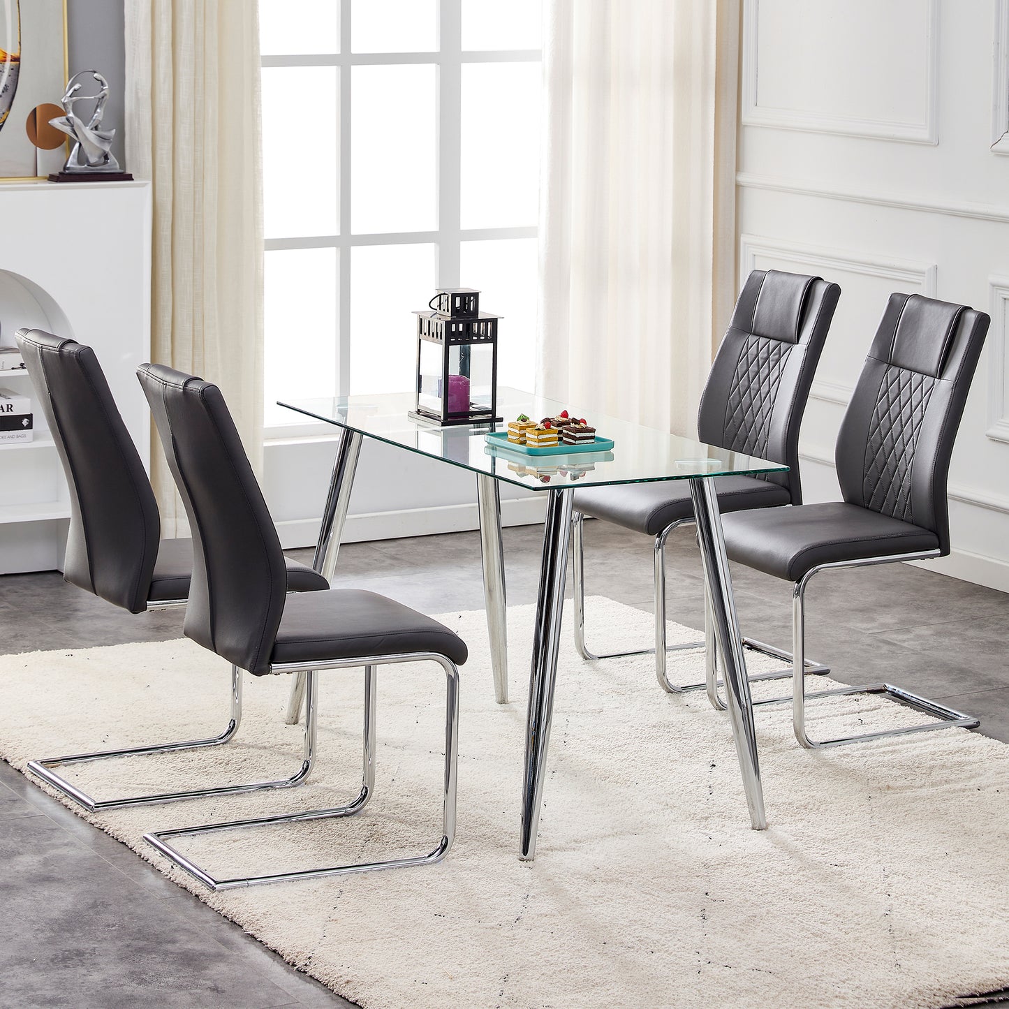 Modern Dining Chairs with Faux Leather Padded Seat Dining Living Room Chairs Upholstered Chair with Metal Legs Design for Kitchen, Living, Bedroom, Dining Room Side Chairs Set of 4 (Grey+PU Leather)