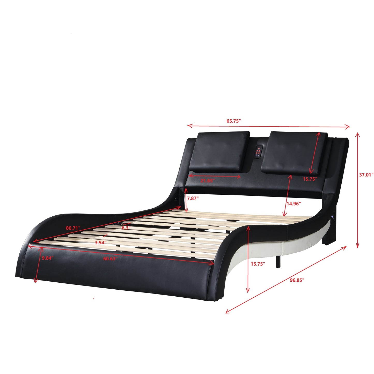 Faux Leather Upholstered Platform Bed Frame with led lighting ,Bluetooth connection to play music /RGB control，Backrest vibration massage，Curve Design, Wood Slat Support, No Box Spring Needed,Queen