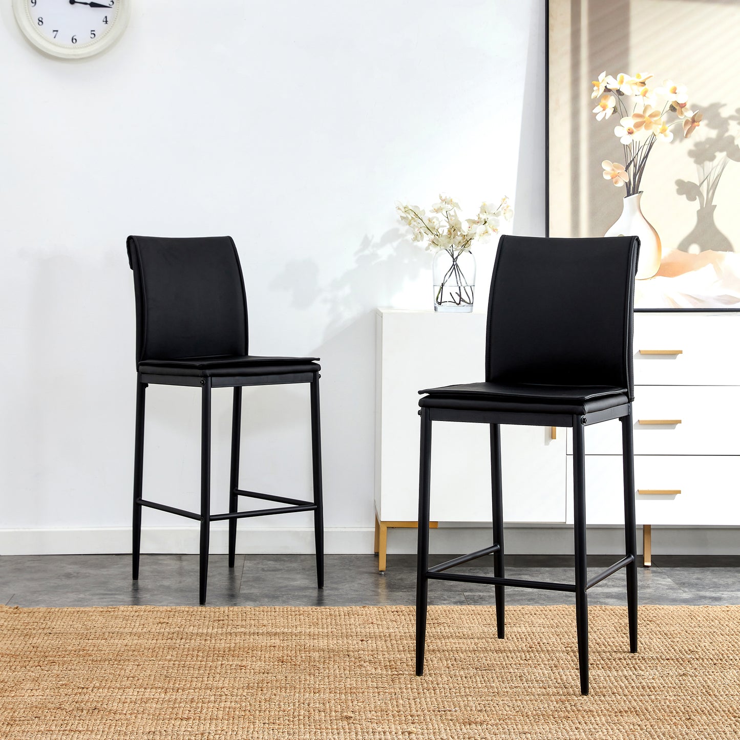 Black Leather Barstool Dining Counter Height Chair Set of 2