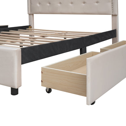 Upholstered Platform Bed with Classic Headboard and 4 Drawers, No Box Spring Needed, Velvet Fabric, Queen Size Beige