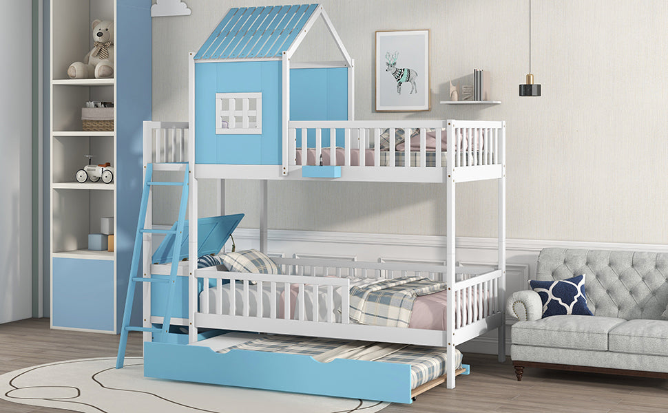 Twin over Twin Bunk Bed with Twin Size Trundle , Farmhouse Bed with Storage Box and Drawer - Blue