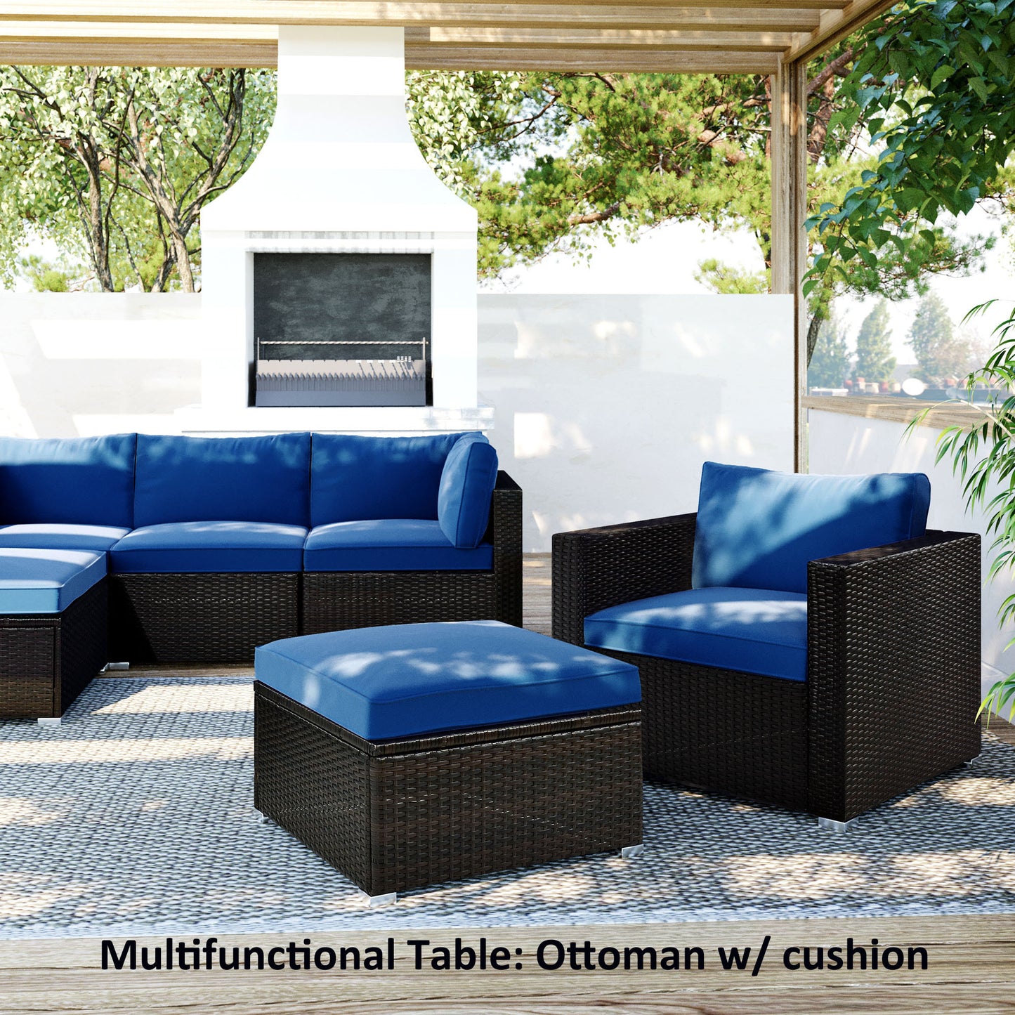 TOPMAX 6PCS Outdoor Patio Sectional All Weather PE Wicker Rattan Sofa Set with Glass Table, Blue Cushion+ Brown Wicker