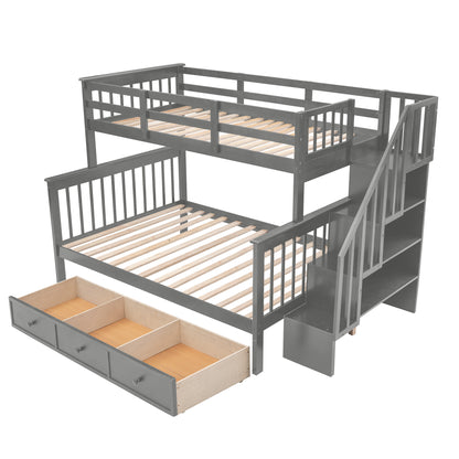 Stairway Twin-Over-Full Bunk Bed with Drawer, Storage and Guard Rail for Bedroom, Dorm, for Adults, Gray color(Old SKU: LP000219AAE)