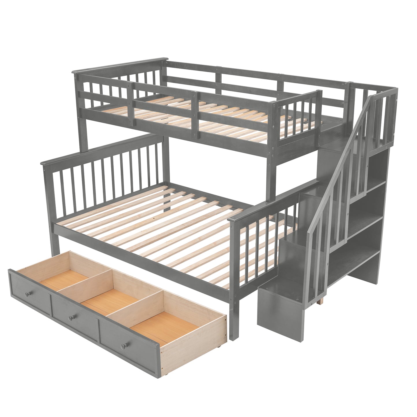 Stairway Twin-Over-Full Bunk Bed with Drawer, Storage and Guard Rail for Bedroom, Dorm, for Adults, Gray color(Old SKU: LP000219AAE)