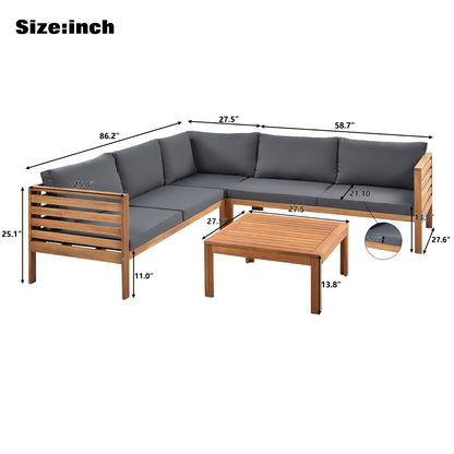 GO Wood Structure Outdoor Sofa Set with gray Cushions Exotic design Water-resistant and UV Protected texture Two-person Sofa One Corner Sofa plus One Coffee Table Strong Metal Accessories