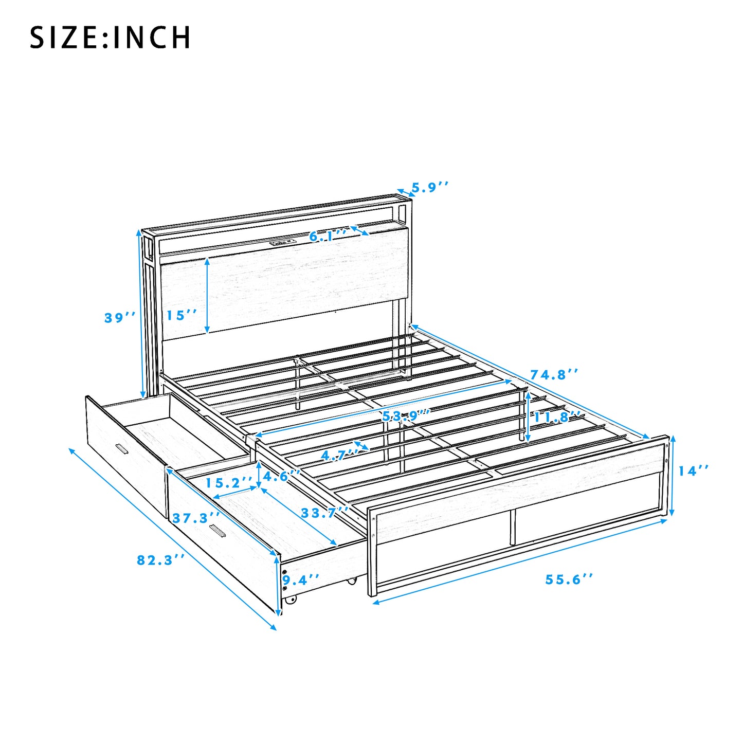 Full Size Metal Platform Bed Frame with  Two Drawers,Sockets and USB Ports ,Slat Support No Box Spring Needed White