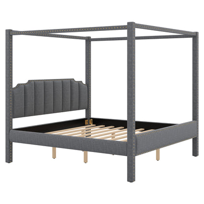 King Size Upholstery Canopy Platform Bed with Headboard,Support Legs,Gray