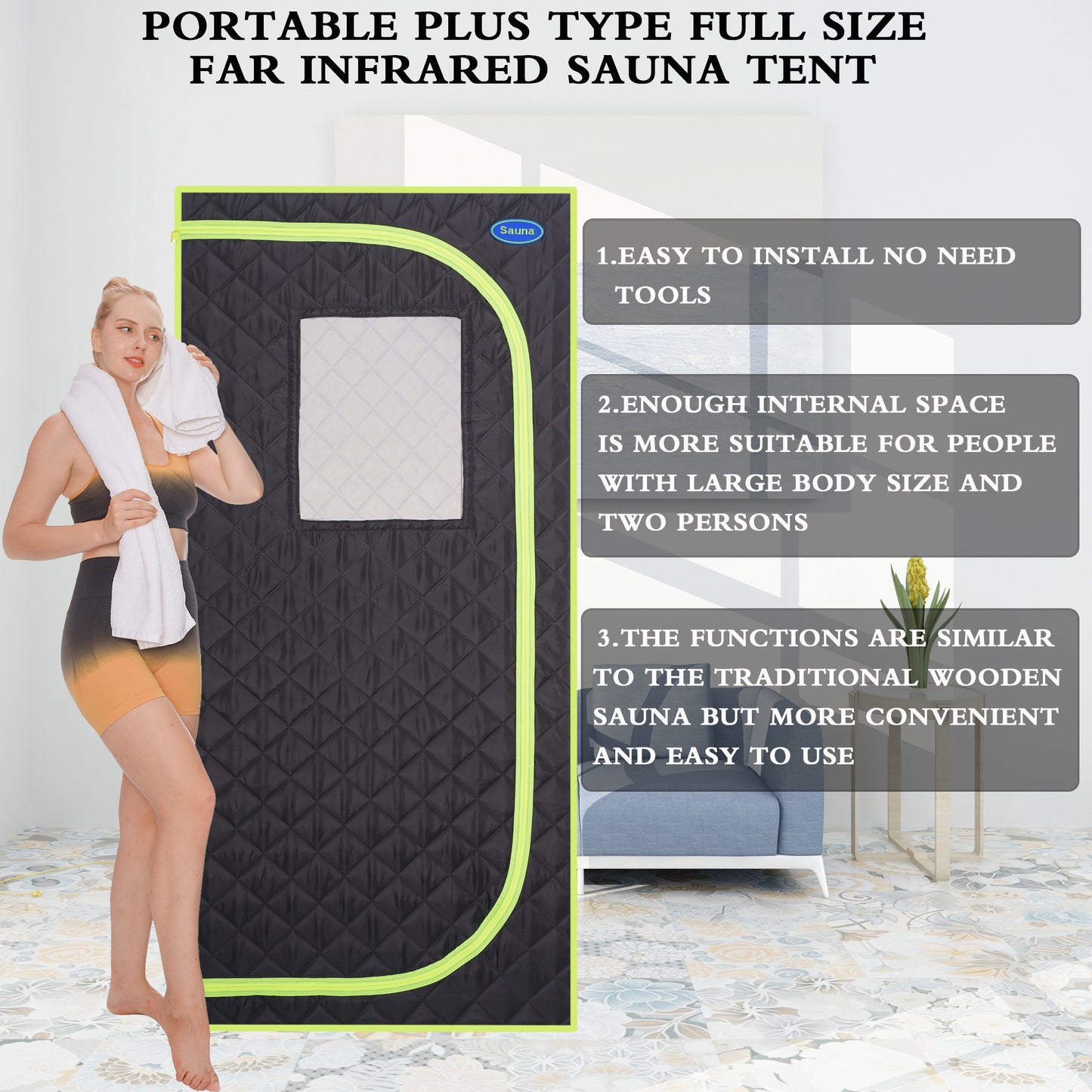 Portable Plus Type Full Size Far Infrared Sauna tent. Spa, Detox ,Therapy and Relaxation at home.Larger Space,Stainless Steel Pipes Connector Easy to Install, with FCC Certification--Black