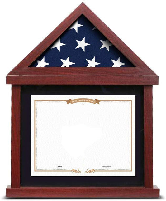 Flag Display Case for 3’x5’ Folded Flag with Mahogany Finish Glass Display and Military Shadow Box with Certificate Document Holder by The Military Gift Store