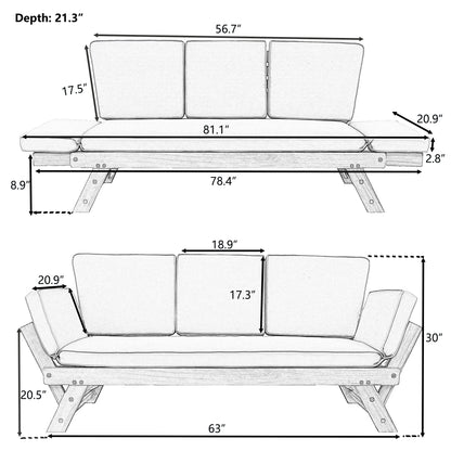 TOPMAX Outdoor Adjustable Patio Wooden Daybed Sofa Chaise Lounge with Cushions for Small Places, Brown Finish+Gray Cushion