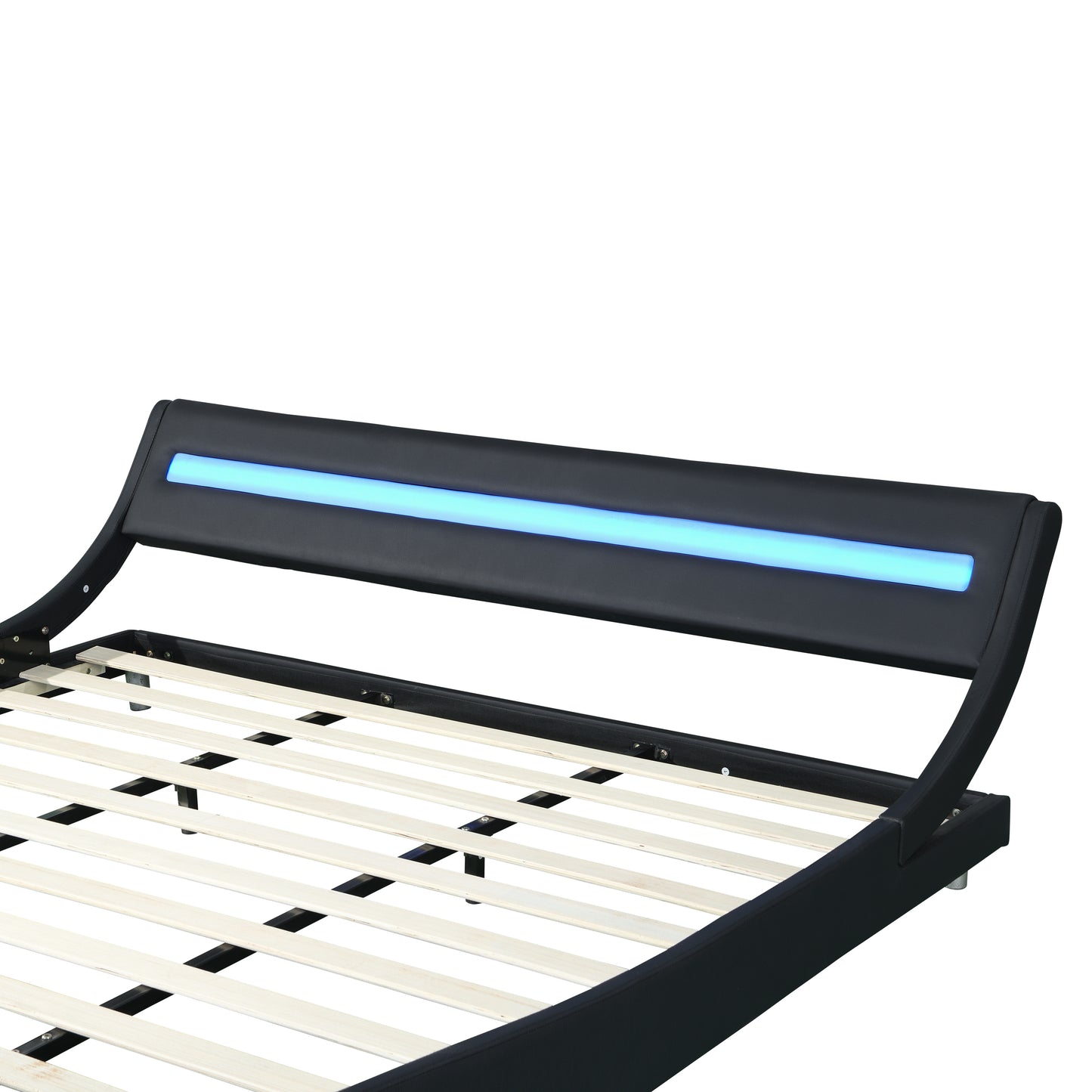 Faux Leather Upholstered Platform Bed Frame with led lighting , Curve Design, Wood Slat Support, No Box Spring Needed, Easy Assemble, King Size, Black