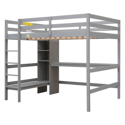 Full Size Loft Bed with Multifunction Shelves and Under-bed Desk, Gray