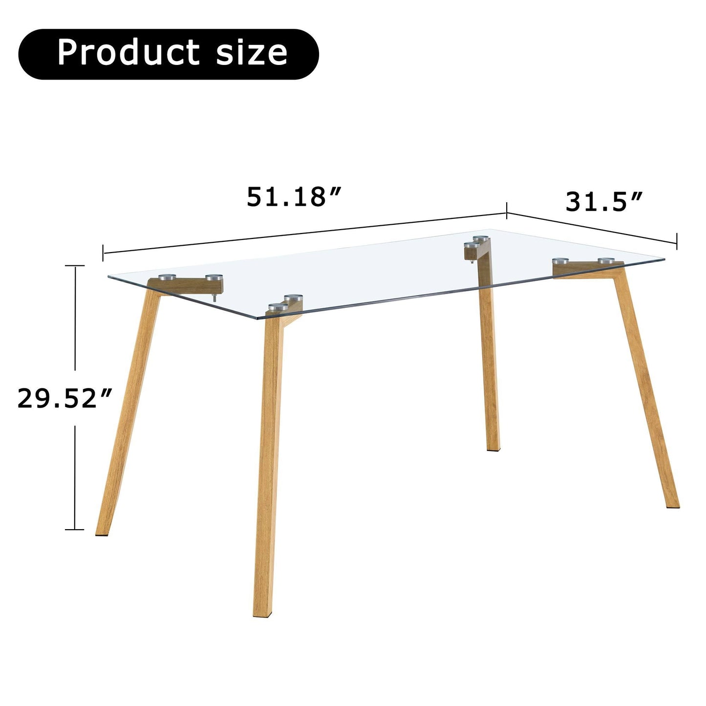 Glass Dining Table Modern Minimalist Rectangular  for 4-6 with 0.31" Tempered Glass Tabletop and Black Coating Metal Legs, Writing Table Desk, for Kitchen Dining Living Room, 51" W x 31"D x 30" H