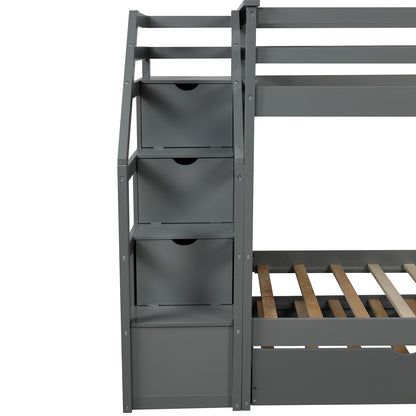 Twin-Over-Twin Bunk Bed with Twin Size Trundle and 3 Storage Stairs (Gray)