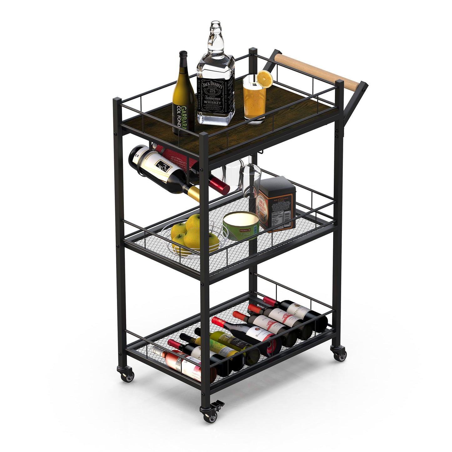 3 Tier Metal Mesh Rolling Storage Cart, Mesh Storage Pantry Cart with Lockable Wheels Wood Look Top and Metal Frame，Rolling Utility Cart for Kitchen Bathroom, Office, Library, Coffee Bar