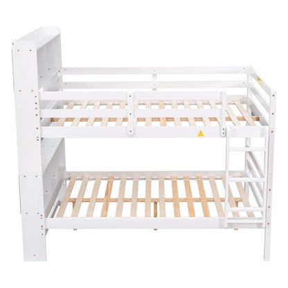 Full Over Full Bunk Beds with Bookcase Headboard, Solid Wood Bed Frame with Safety Rail and Ladder, Kids/Teens Bedroom, Guest Room Furniture, Can Be converted into 2 Beds, White