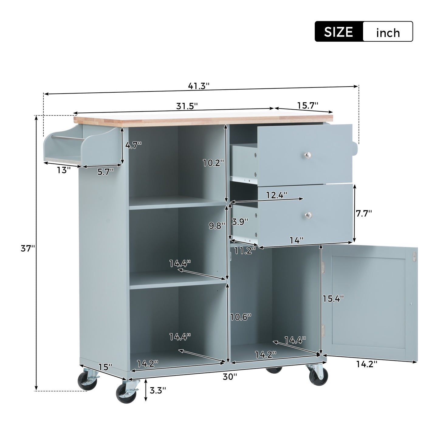 K&K Store Kitchen Cart on 4 Wheels with 2 Drawers and 3 Open Shelves, Kitchen Island with Rubber Wood top for Dinning Room, Grey Blue