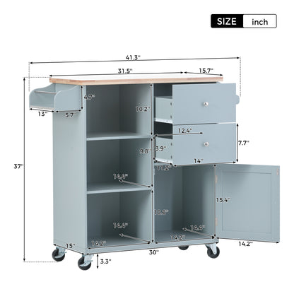 K&K Store Kitchen Cart on 4 Wheels with 2 Drawers and 3 Open Shelves, Kitchen Island with Rubber Wood top for Dinning Room, Grey Blue