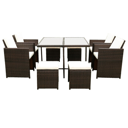 9 Pieces Patio Dining Sets Outdoor Space Saving Rattan Chairs with Glass Table Patio Furniture Sets Cushioned Seating and Back Sectional Conversation Set