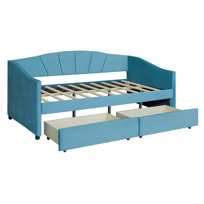 Upholstered daybed Twin Size with Two Drawers and Wood Slat  ,Blue