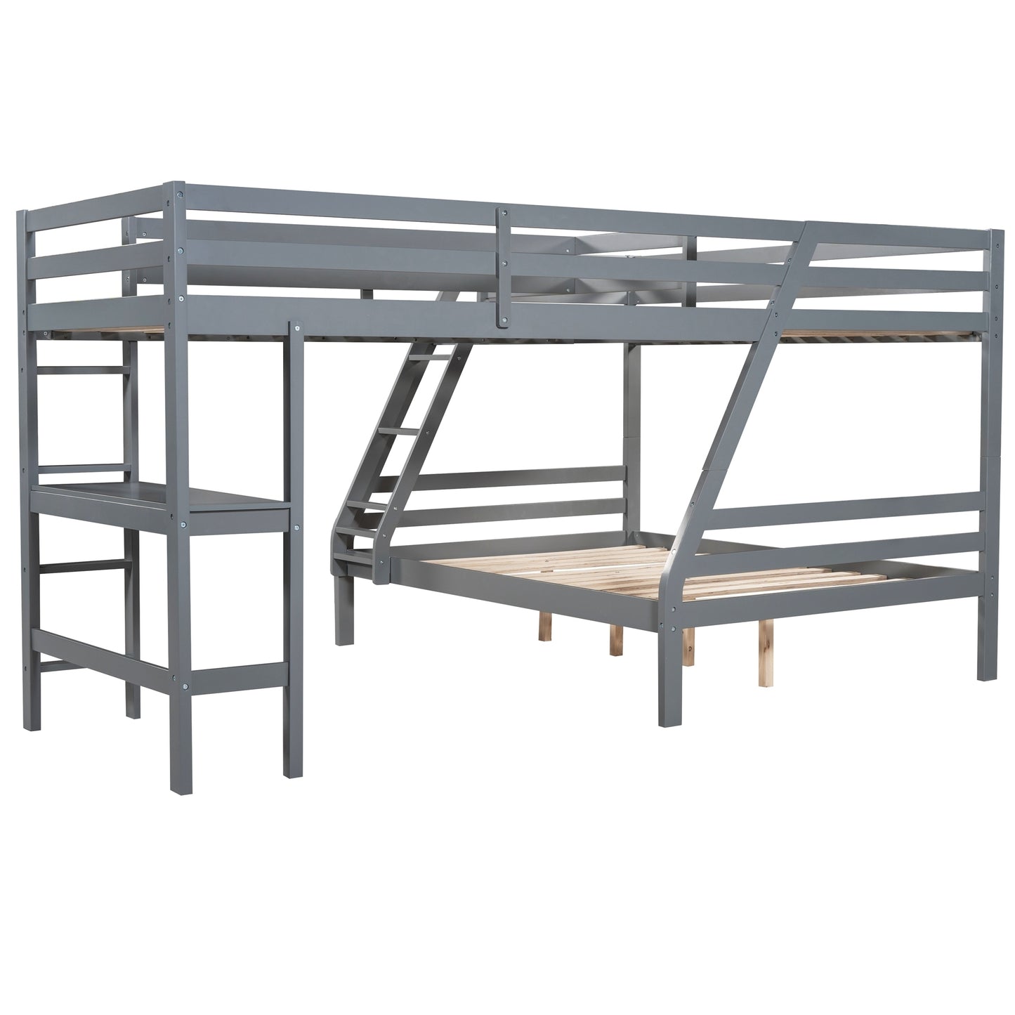 L-Shaped Twin over Full Bunk Bed and Twin Size Loft Bed with Built-in Desk,Gray