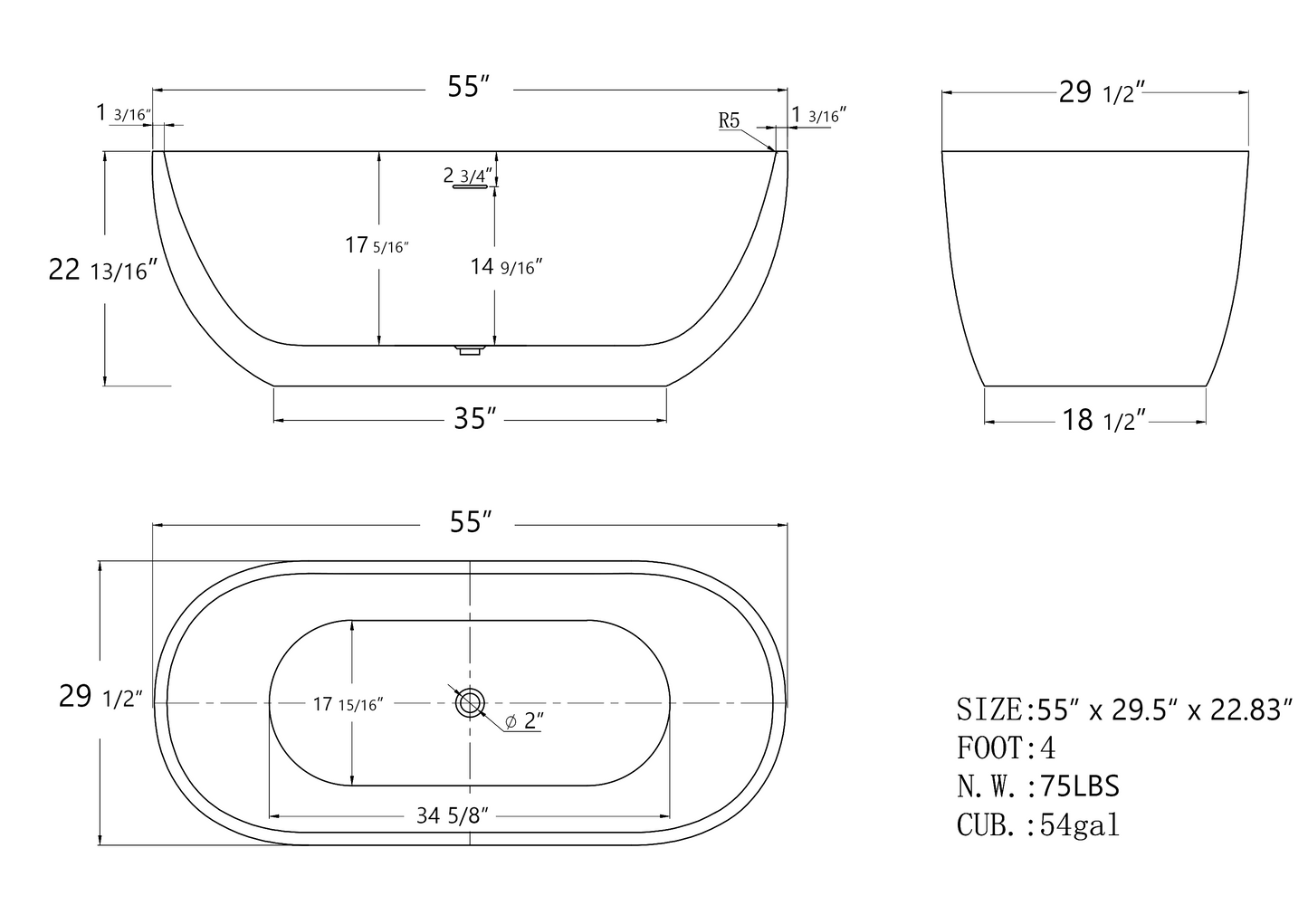 55" Acrylic Free Standing Tub - Classic Oval Shape Soaking Tub, Adjustable Freestanding Bathtub with Integrated Slotted Overflow and Chrome Pop-up Drain Anti-clogging Black