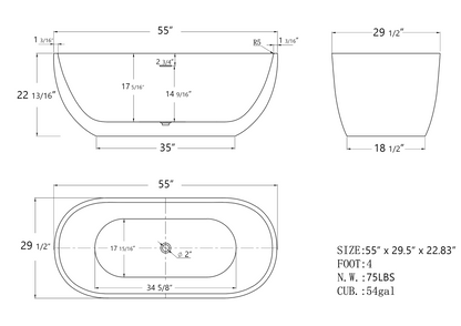 55" Acrylic Free Standing Tub - Classic Oval Shape Soaking Tub, Adjustable Freestanding Bathtub with Integrated Slotted Overflow and Chrome Pop-up Drain Anti-clogging Black