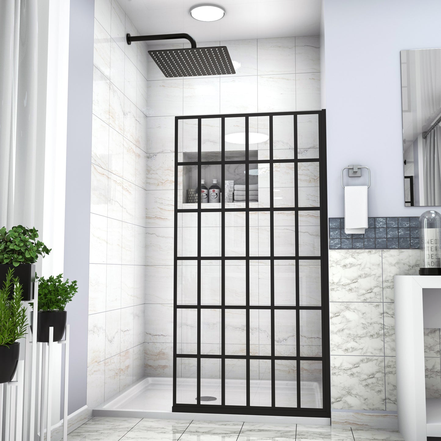 Shower Door 34" W x 72" H Single Panel Frameless Fixed Shower Door, Open Entry Design in Matte Black