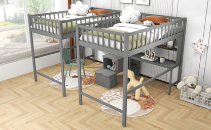 Twin & Twin Size Loft Bed with 2 Built-in Desks and Shelves, Storage Staircase, Gray