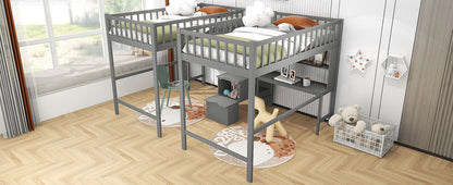 Twin & Twin Size Loft Bed with 2 Built-in Desks and Shelves, Storage Staircase, Gray