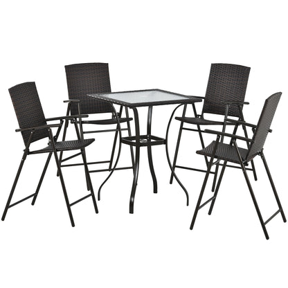 TOPMAX Outdoor Patio PE Wicker 5-Piece Counter Height Dining Table Set with Umbrella Hole and  4 Foldable Chairs, Brown