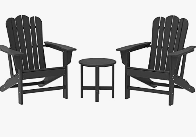 Combo for Family: 2 Plastic Adirondack Chairs & an Outdoor Side Table.  Outdoor Adirondack Chair Patio Lounge Chairs Classic Design (Black)