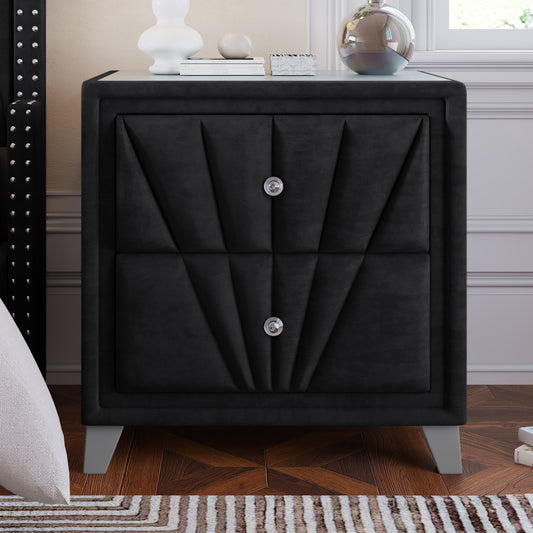 Contemporary Velvet Upholstered Glass Top Nightstand End table with Two Drawers Gray Solid Wood,Black